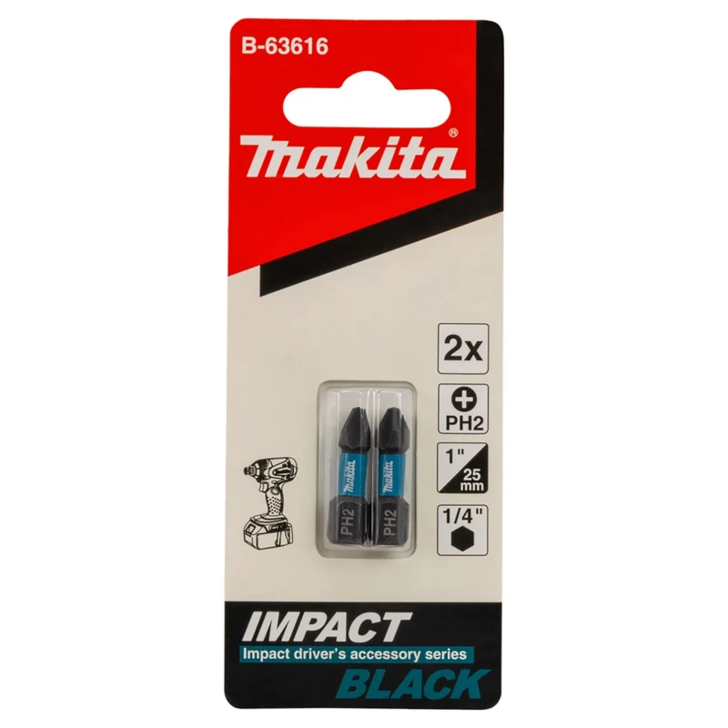 Makita Hex Screwdriver Bit, 6.35 mm Hex Drive, PH2 Tip, 25 mm Overall Length, Magnetic, Model B-63616