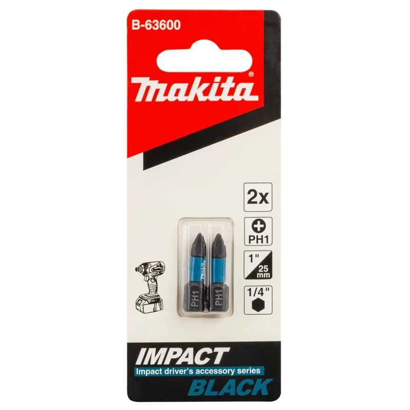 Makita High-Performance Magnetic Hex Screwdriver Bit 6.35 mm Drive, PH1 Size, 25 mm Overall Length B-63600
