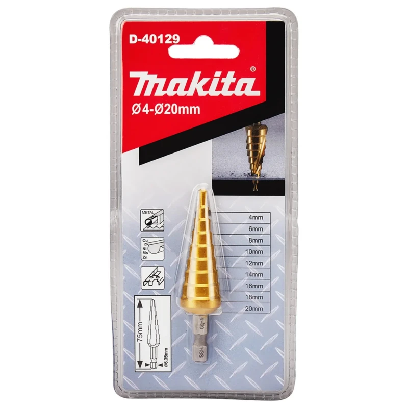 Makita High-Speed Steel Step Drill Bit 4-20 mm Diameter, Tin Coated, Hex Shank 0.25in D-40129