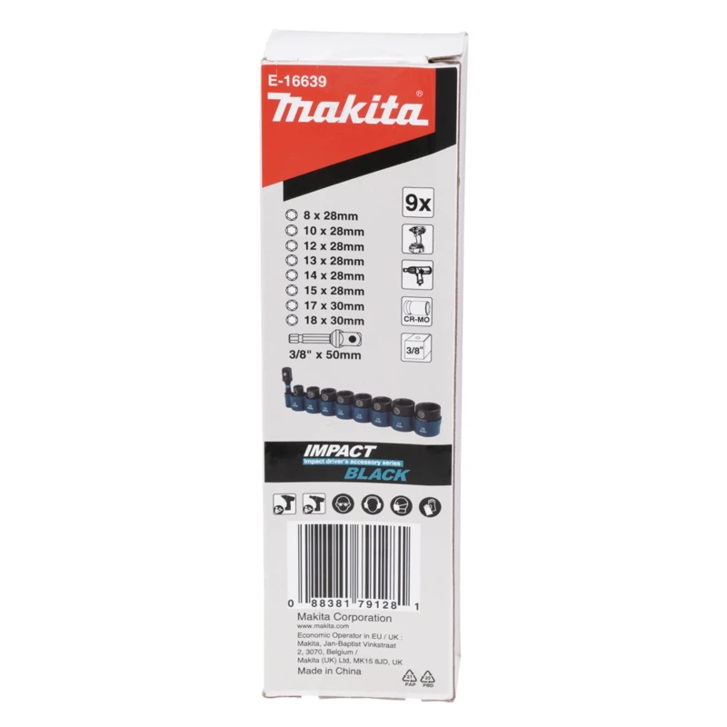 Makita 9-Piece 3/8 in Impact Socket Set Blackened Chrome Molybdenum Steel E-16639