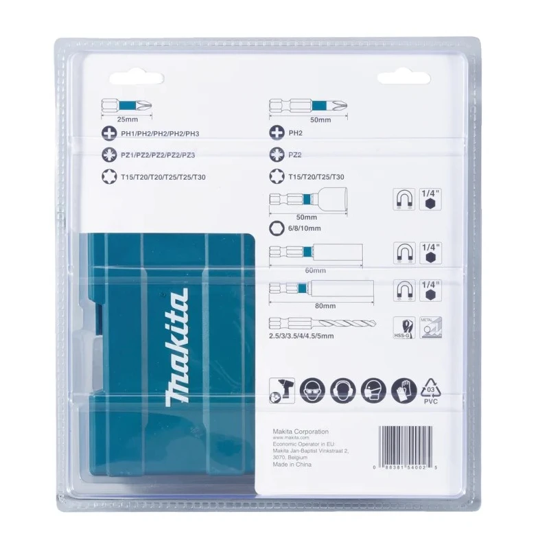 Makita Hex, Phillips, Pozidriv, Torx Screwdriver Bit Set, 33 Pieces, S2 Steel, 25mm Length, 1/4 in Drive Size B-66896