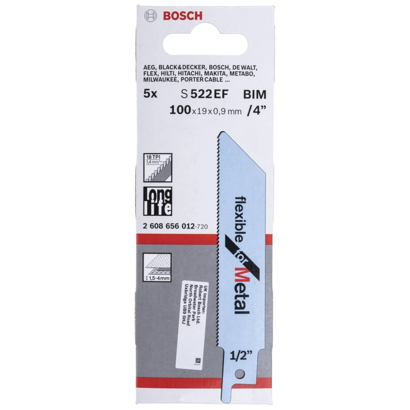 Bosch Reciprocating Saw Blade Bi-Metal 18 Teeth Per Inch 5-Piece Set 2608656012