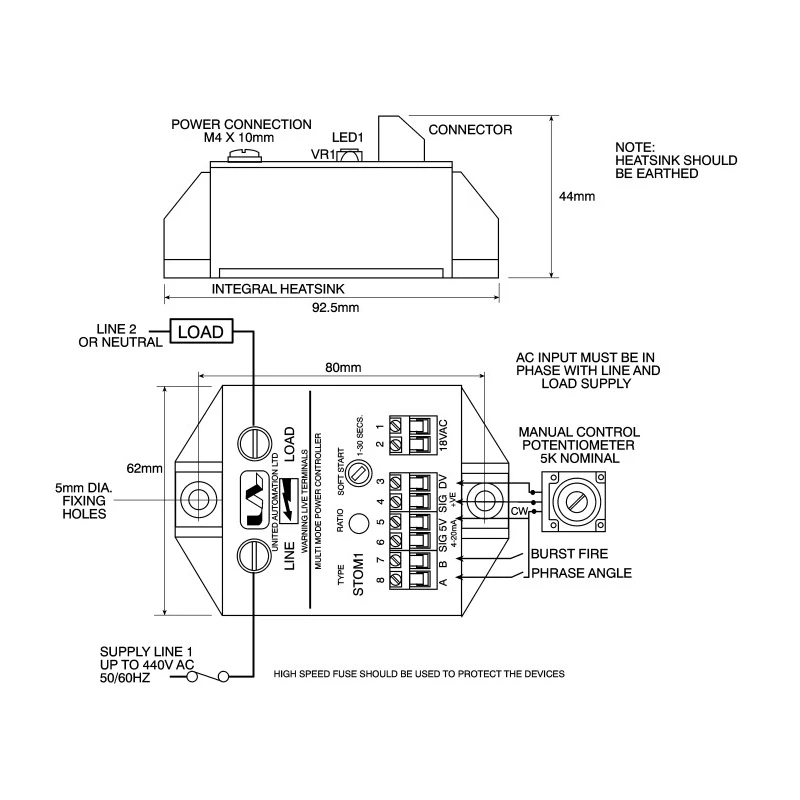 United Automation Thyristor Trigger Module Screw Mount 65°C Max Operating Temperature 93mm Length 62mm Width 44mm STOM-1