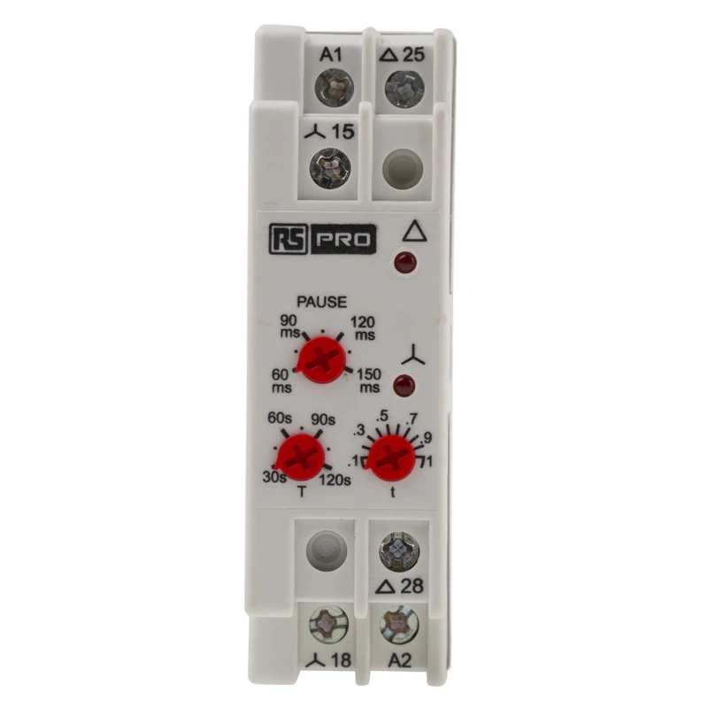 RS PRO DIN Rail Timer Relay, 2-Contact, SPST Switch, 24 V AC/DC to 240 V AC/DC Supply, Time Range 3 to 120 s 896-6857