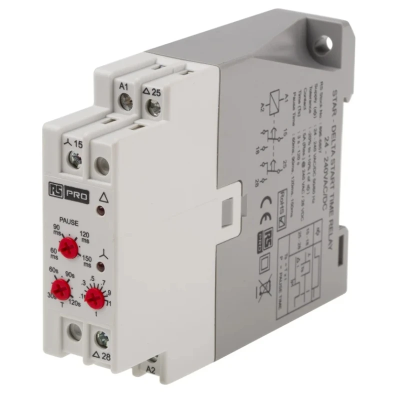 RS PRO DIN Rail Timer Relay, 2-Contact, SPST Switch, 24 V AC/DC to 240 V AC/DC Supply, Time Range 3 to 120 s 896-6857