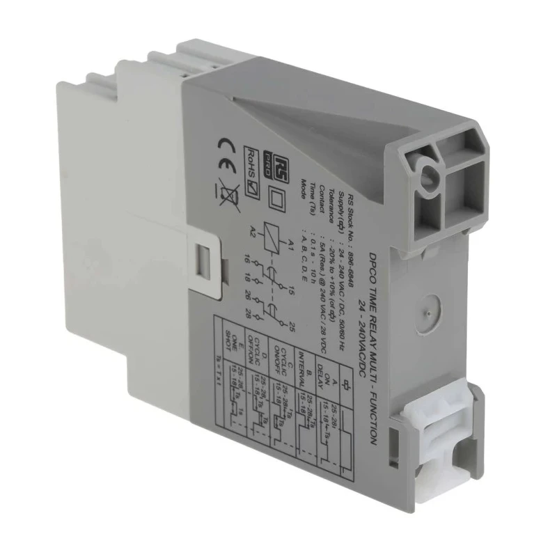 RS PRO DIN Rail Timer Relay, 2-Contact, DPDT Switch, 24 V DC/AC, 240 V AC, 0.1 s to 10 h, Multifunction 896-6848