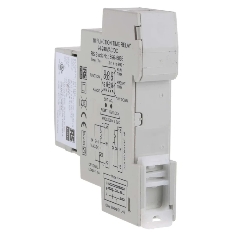 RS PRO DIN Rail Timer Relay, 1-Contact, 24 V DC/AC, 240 V AC, 0.1 s to 999 h Multifunction SPDT Switch 896-6863