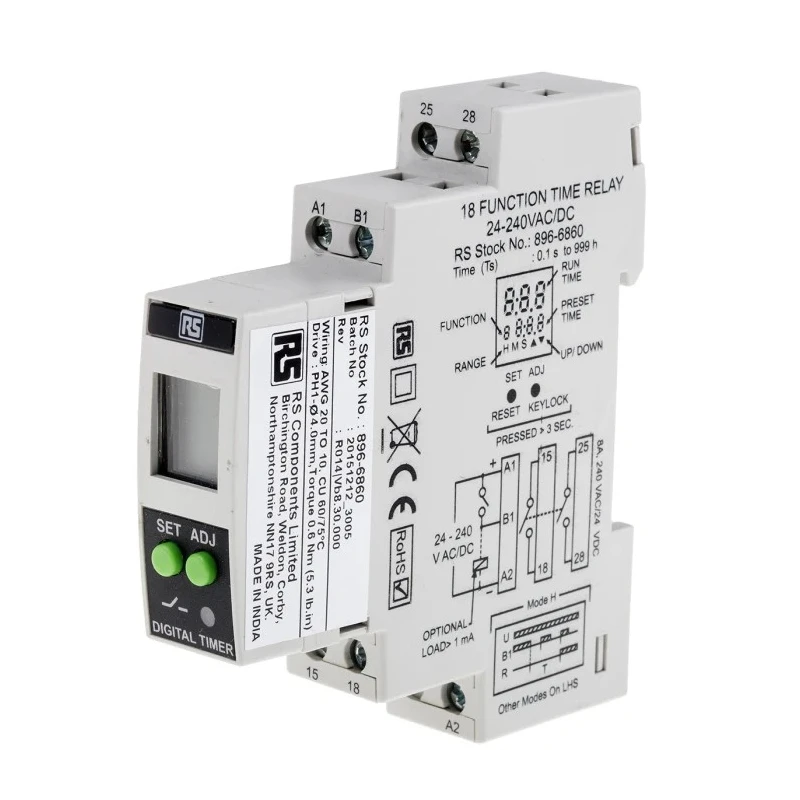RS PRO DIN Rail Timer Relay, 2-Contact, DPST Switch, 24 V dc/ac, 240 V ac, Multifunction, Time Range 0.1 s to 999 h 896-6860