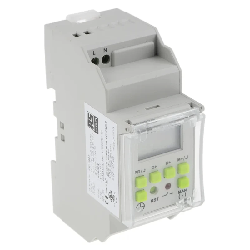 RS PRO Digital Pulse Switch DIN Rail Time Switch 240V AC 1 Channel SPDT 6-Year Battery Life 896-6885