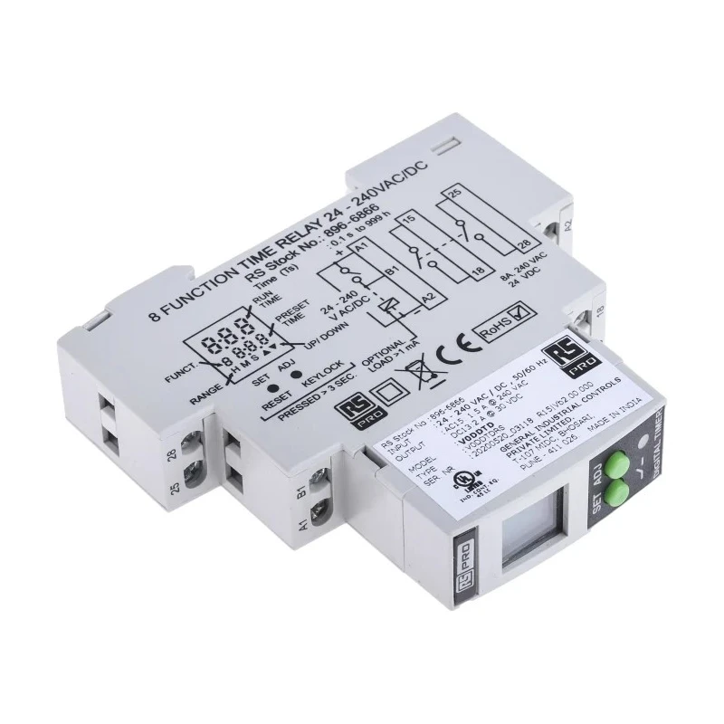 RS PRO DIN Rail Multifunction Timer Relay, 2-Contact, 24 V dc/ac to 240 V ac/dc, 0.1 s to 999 h, DPST Switch 896-6866