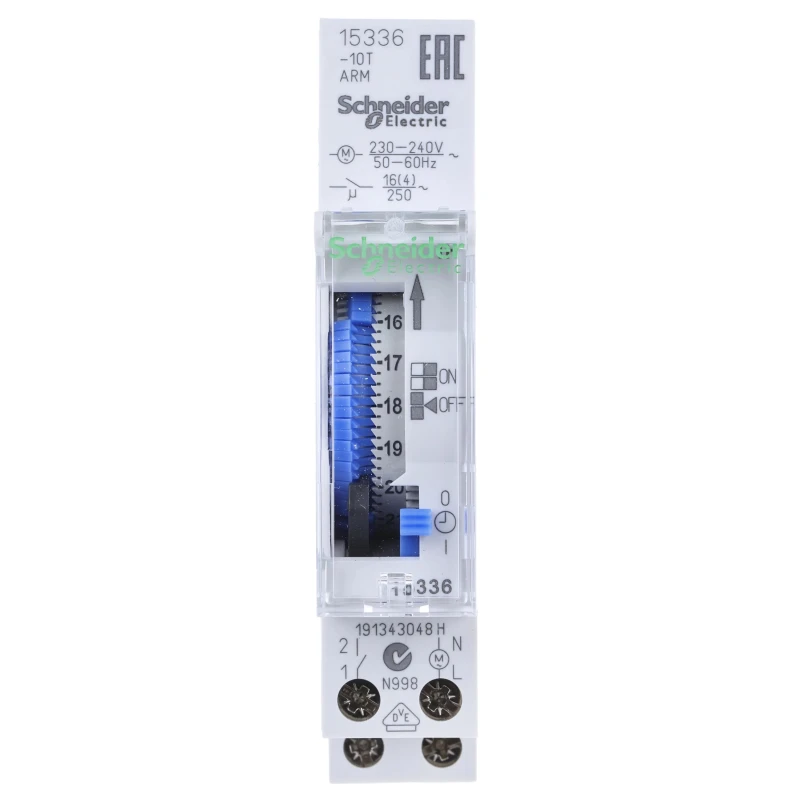 Schneider Electric Analogue Acti9 DIN Rail Time Switch 230V AC 10 Year Battery Life 1 Channel 90mm Height 66mm Depth 