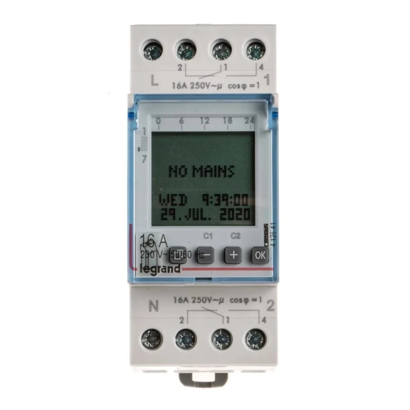 Legrand Digital DIN Rail Time Switch, 2-Channel, 230V AC, 5-Year Battery Life, Backlit Graphic Display, Model 4 126 41