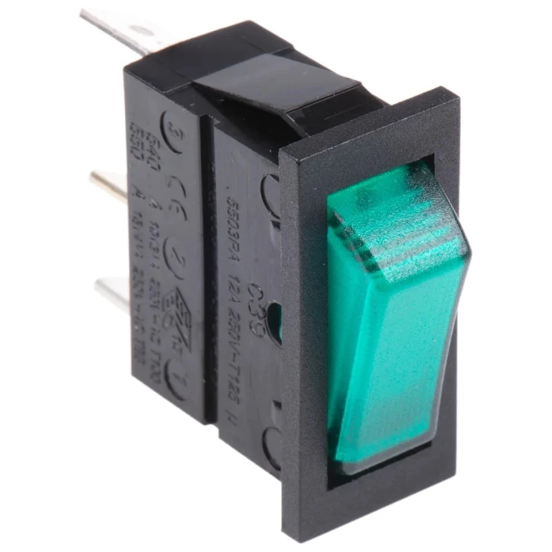 Arcolectric (Bulgin) Ltd Illuminated SPST On-Off Rocker Switch Panel 16A 250V AC Green Actuator C5503AANAF