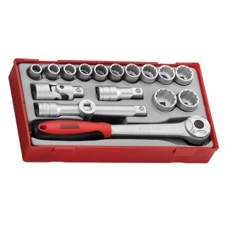 Teng Tools 18-Piece 1/2 in Bi-Hexagonal Socket Set TT1218 Chrome Vanadium Steel, Satin Finish