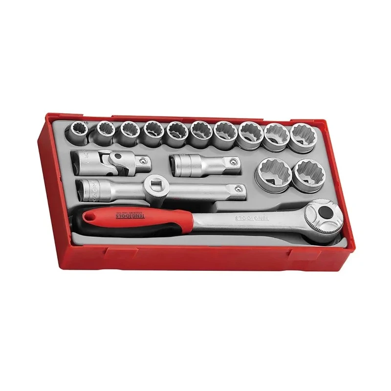 Teng Tools 18-Piece 1/2 in Bi-Hexagonal Socket Set TT1218 Chrome Vanadium Steel, Satin Finish