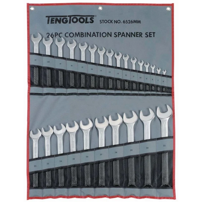 Teng Tools 26-Piece Ring Spanner Set, Metric Sizes 6 To 32 mm, Chrome Vanadium Steel Satin Finish 6526MM