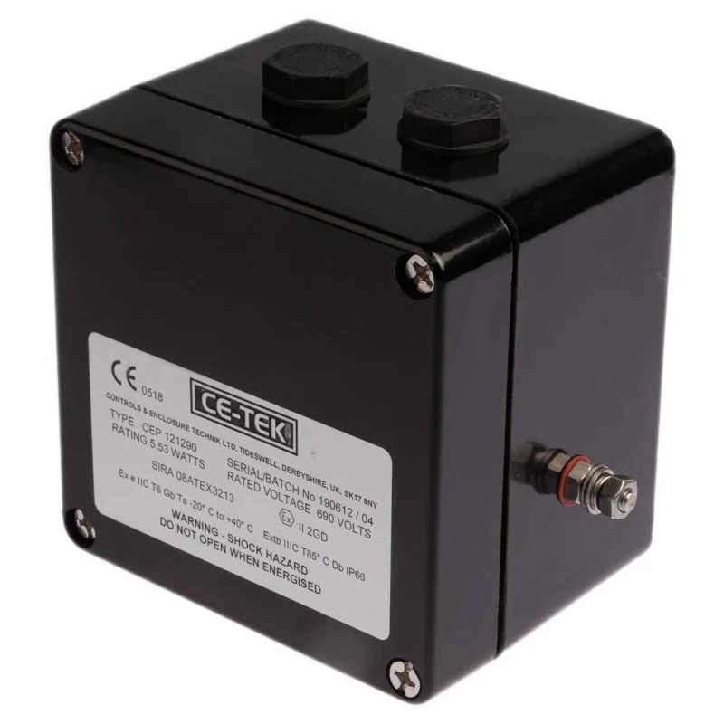 CE-TEK CEP Series Black Polyester Junction Box IP66 10 Terminals ATEX Certified 122mm x 120mm x 90mm CEP121290PA