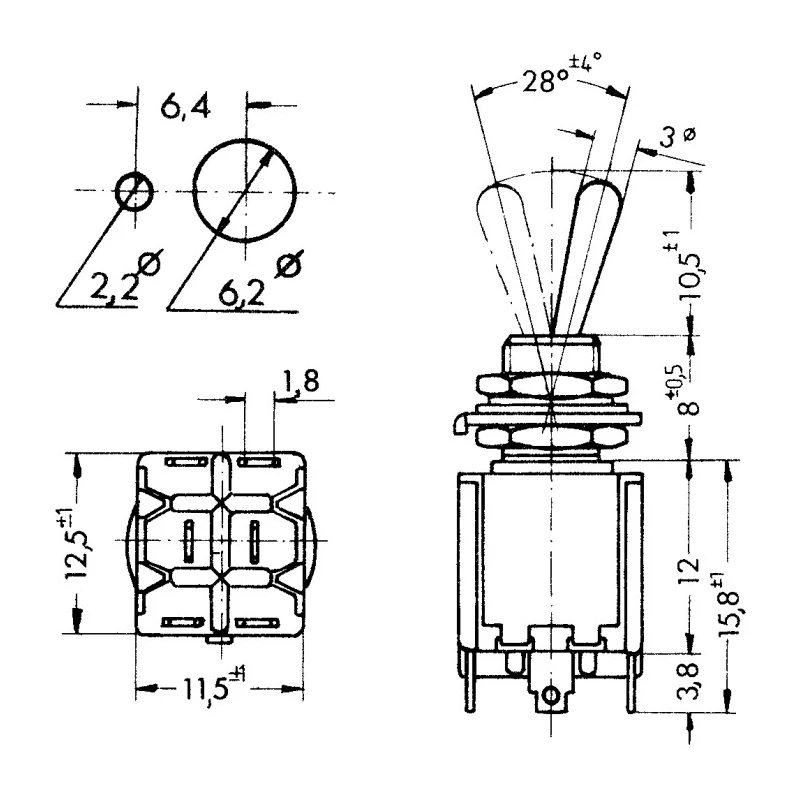 KNITTER-SWITCH Panel Mount Toggle Switch DPDT On-Off-On 4A 30 V dc 250 V ac Copper Actuator MTA 206 S