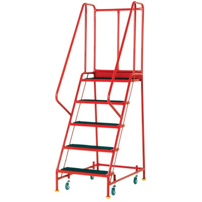 RS PRO Heavy Duty 5 Tread Ribbed Rubber, Steel Tubular Framed Mobile Safety Steps 1.145m Platform Height Red 909-7072