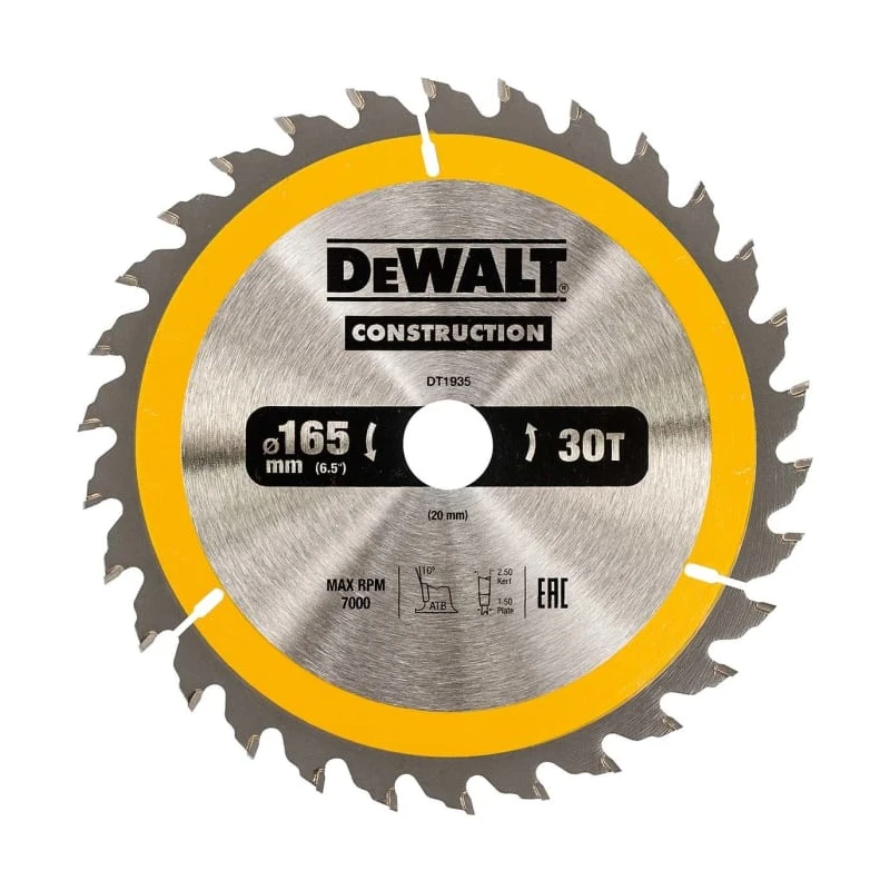 DeWALT 165 mm Circular Saw Blade 30 Teeth Alternate Top Bevel 1.5 mm Plate Thickness DT1935-QZ