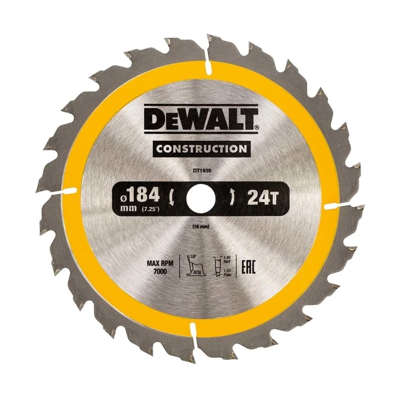 DeWALT Circular Saw Blade 184 mm Diameter, 24 Teeth, Tungsten Carbide, Arbor 16 mm, Rough Timber Softwood Composite DT1939-QZ