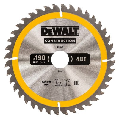 DeWALT Circular Saw Blade 190mm 40 Teeth Carbide Tooth, Alternate Top Bevel DT1945-QZ