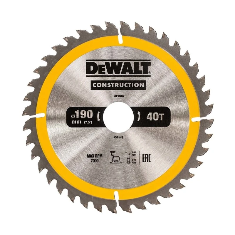 DeWALT Circular Saw Blade 190mm 40 Teeth Carbide Tooth, Alternate Top Bevel DT1945-QZ