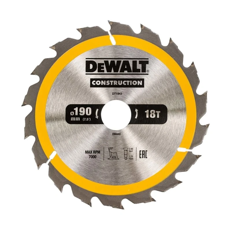 DeWALT Circular Saw Blade Fast Coarse Cut 190 mm 18 Teeth Carbide DT1943-QZ