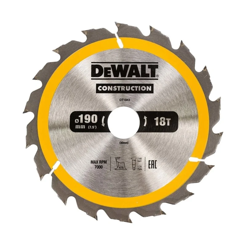DeWALT Circular Saw Blade Fast Coarse Cut 190 mm 18 Teeth Carbide DT1943-QZ