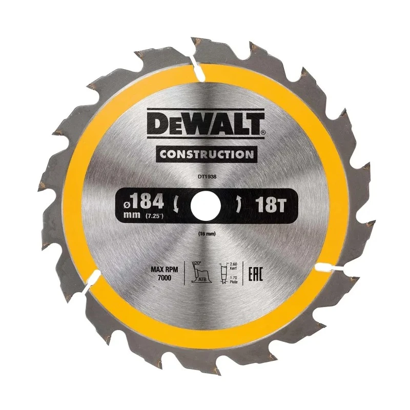DeWALT Circular Saw Blade for Timber with Embedded Nails, 184mm Diameter, 18 Teeth, 16mm Arbor Diameter DT1938-QZ