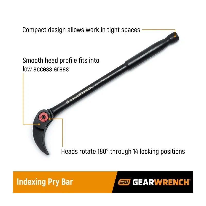 GearWrench Crow Bar 203.2mm Length Black Phosphate Alloy Steel Curved End Indexing Pry Bar 82208