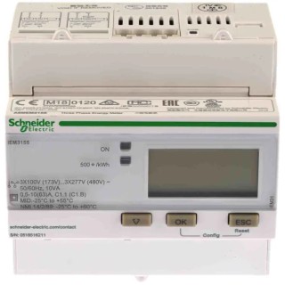 Schneider Electric 3-Phase Energy Meter 63A Current Rating, LCD Display, Class B Accuracy A9MEM3155