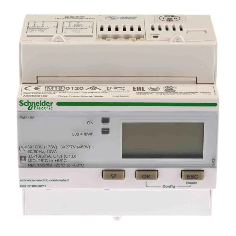 Schneider Electric 3-Phase Energy Meter 63A Current Rating, LCD Display, Class B Accuracy A9MEM3155