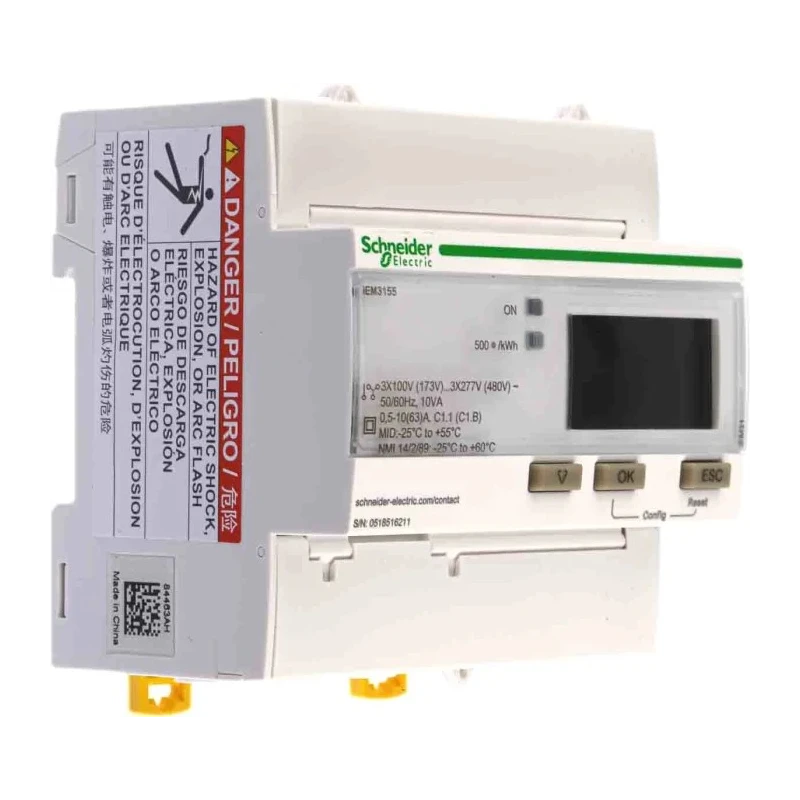 Schneider Electric 3-Phase Energy Meter 63A Current Rating, LCD Display, Class B Accuracy A9MEM3155