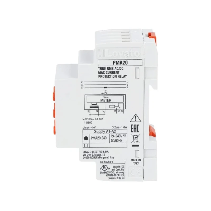 Lovato Electric Monitoring Relay 1 Phase SPDT DIN Rail Mount 0.25A to 16A PMA20240