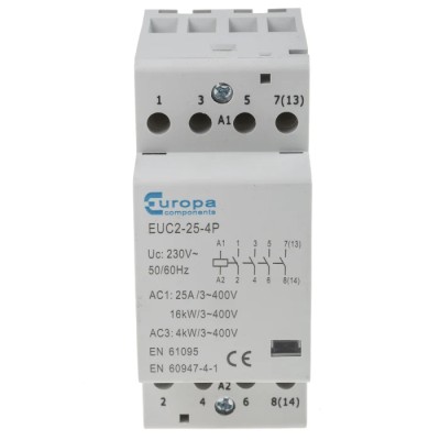 Europa 4-Pole Motor Control Contactor, 230V Coil Voltage, 25A, 4 kW Power Rating, Screw Terminal, DIN Rail Mount EUC2-25-4P