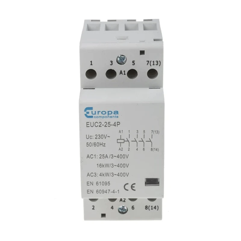 Europa 4-Pole Motor Control Contactor, 230V Coil Voltage, 25A, 4 kW Power Rating, Screw Terminal, DIN Rail Mount EUC2-25-4P