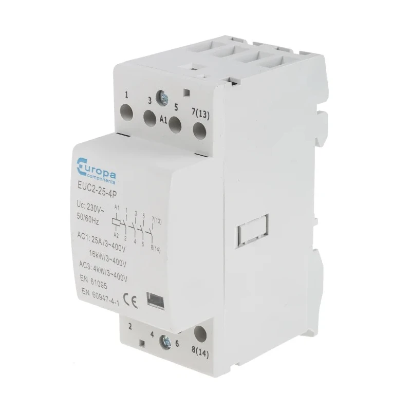 Europa 4-Pole Motor Control Contactor, 230V Coil Voltage, 25A, 4 kW Power Rating, Screw Terminal, DIN Rail Mount EUC2-25-4P