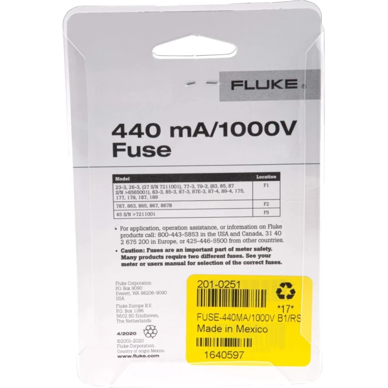 Fluke 440mA 1kV Multimeter Fuse HBC Ceramic 10.3 mm Diameter 35 mm Length FUSE-440MA/1000V B1
