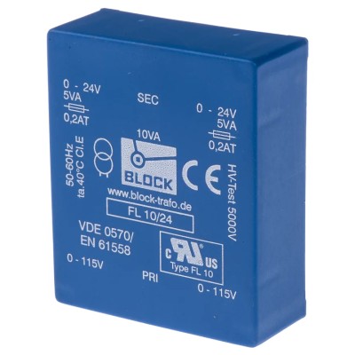 Block PCB Transformer 115 V ac, 230 V ac Primary, 24 V ac Dual Secondary, Pin Mount FL 10/24