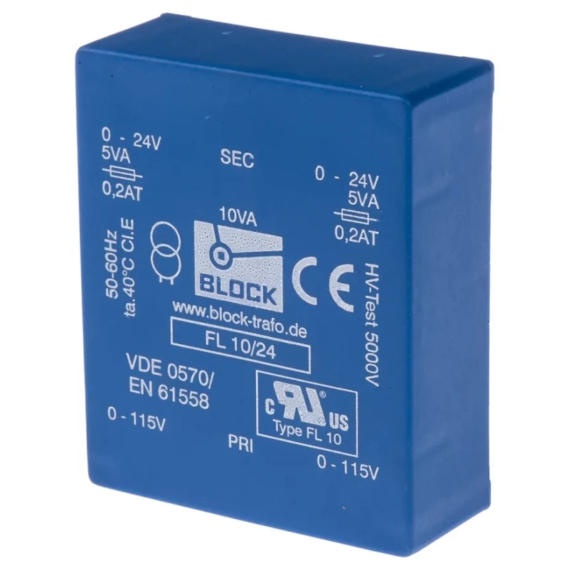 Block PCB Transformer 115 V ac, 230 V ac Primary, 24 V ac Dual Secondary, Pin Mount FL 10/24