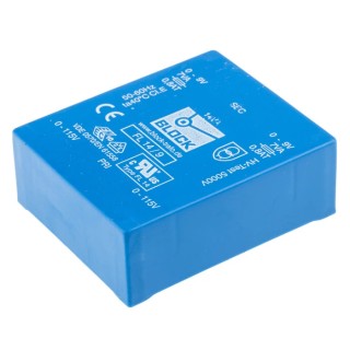 Block Low Profile 9 V AC 2 Output Pin PCB Transformer, Dual Secondary Windings, Isolation 5000V, 14VA, VDE 0570 FL 14/9