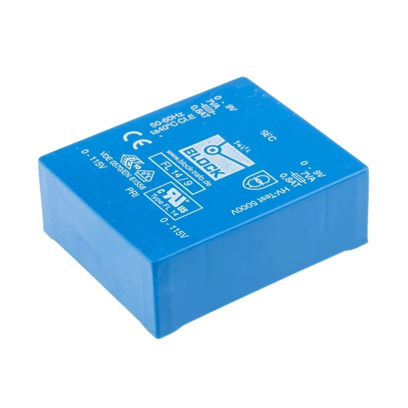 Block Low Profile 9 V AC 2 Output Pin PCB Transformer, Dual Secondary Windings, Isolation 5000V, 14VA, VDE 0570 FL 14/9