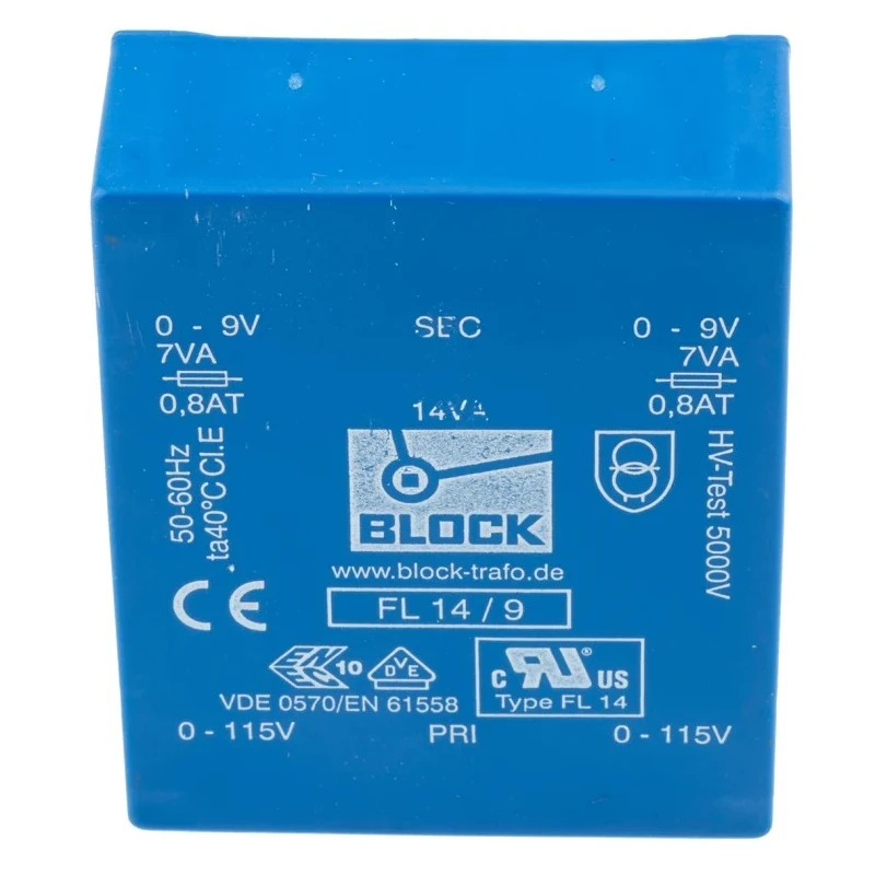 Block Low Profile 9 V AC 2 Output Pin PCB Transformer, Dual Secondary Windings, Isolation 5000V, 14VA, VDE 0570 FL 14/9