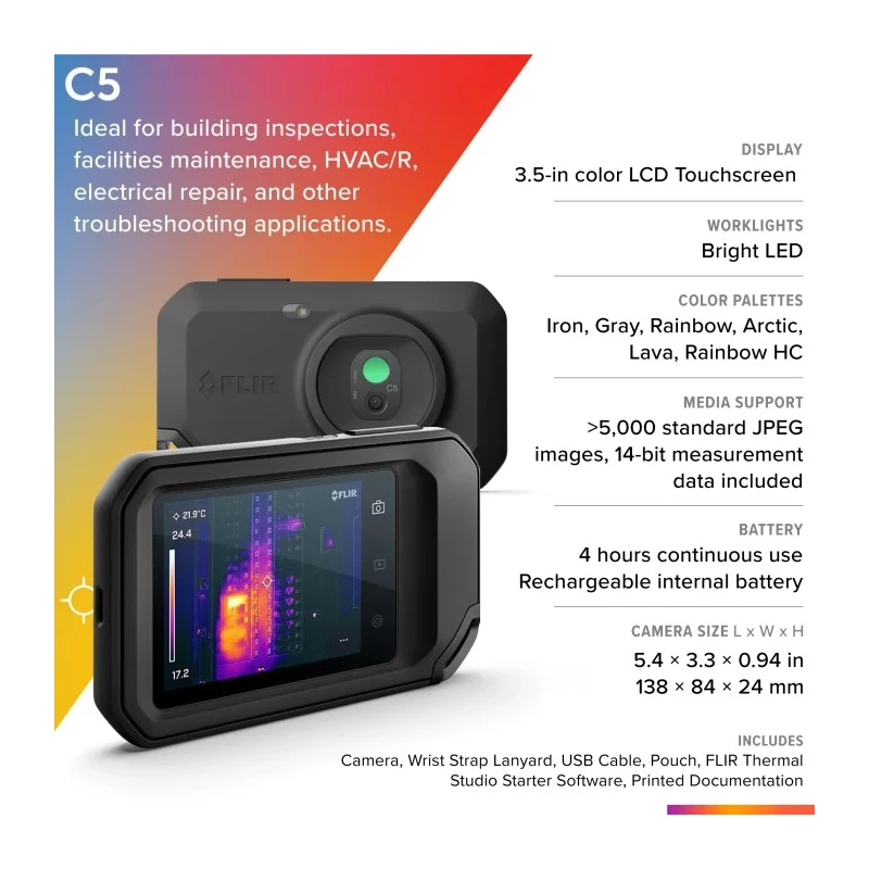FLIR Thermal Imaging Camera with WiFi, 160 x 120 Pixel Detector, 400 °C Max Temperature, Lithium-ion FLIR C5 with Wi-Fi