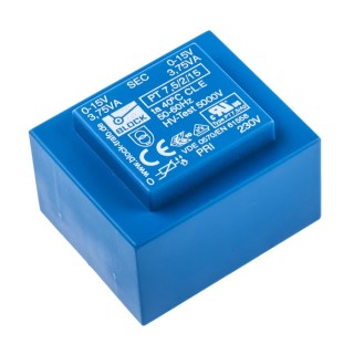 Block PCB Transformer Through Hole Mount 15 V ac Secondary, 230 V ac Primary, 7.5 VA Power, 2 Outputs, PT 7.5/2/15