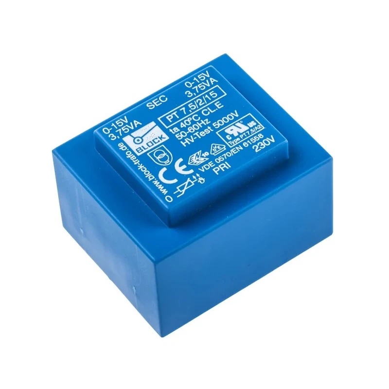 Block PCB Transformer Through Hole Mount 15 V ac Secondary, 230 V ac Primary, 7.5 VA Power, 2 Outputs, PT 7.5/2/15