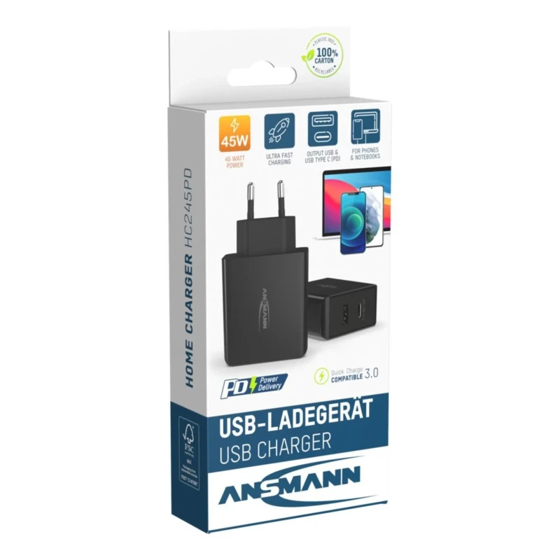Ansmann 2 Output USB Type C AC/DC Adapter EU Plug 20V DC Output 3A 45W HC245PD 1001-0095