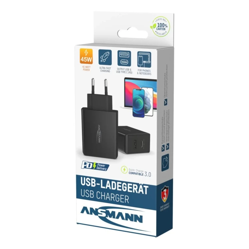 Ansmann 2 Output USB Type C AC/DC Adapter EU Plug 20V DC Output 3A 45W HC245PD 1001-0095
