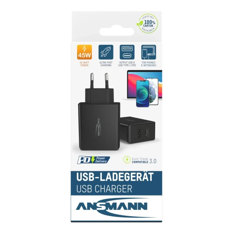 Ansmann 2 Output USB Type C AC/DC Adapter EU Plug 20V DC Output 3A 45W HC245PD 1001-0095